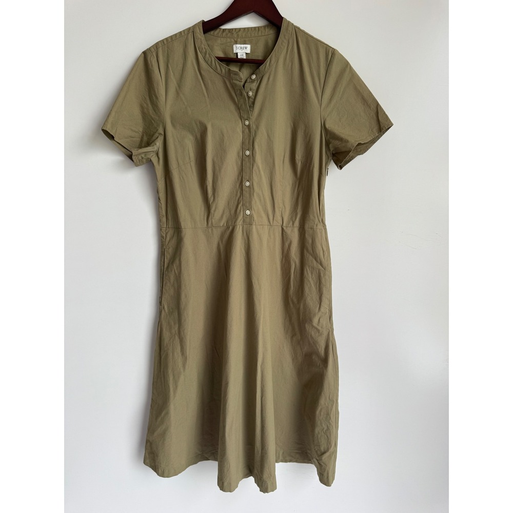 J.Crew Olive Green Stretch Cotton Poplin Short Sleeve Shirt Dress Size 10
